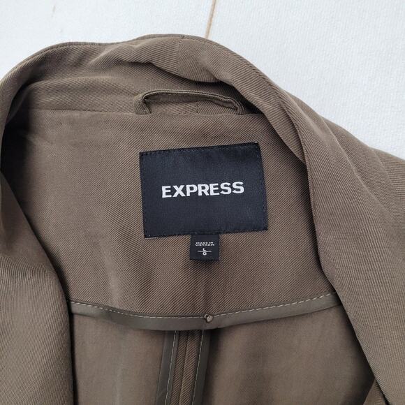 Express olive green zip pocket trench coat wrap mid length asymmetrical - Picture 6 of 9